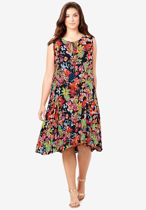 A-Line Crinkle Dress with Tassel Ties, NAVY ORCHID GARDEN, hi-res image number null