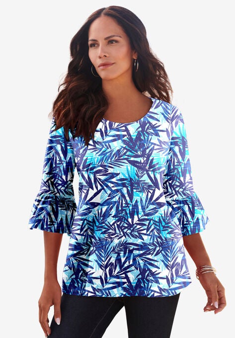 Bell-Sleeve Ultimate Tee, OCEAN TROPICAL LEAVES, hi-res image number null