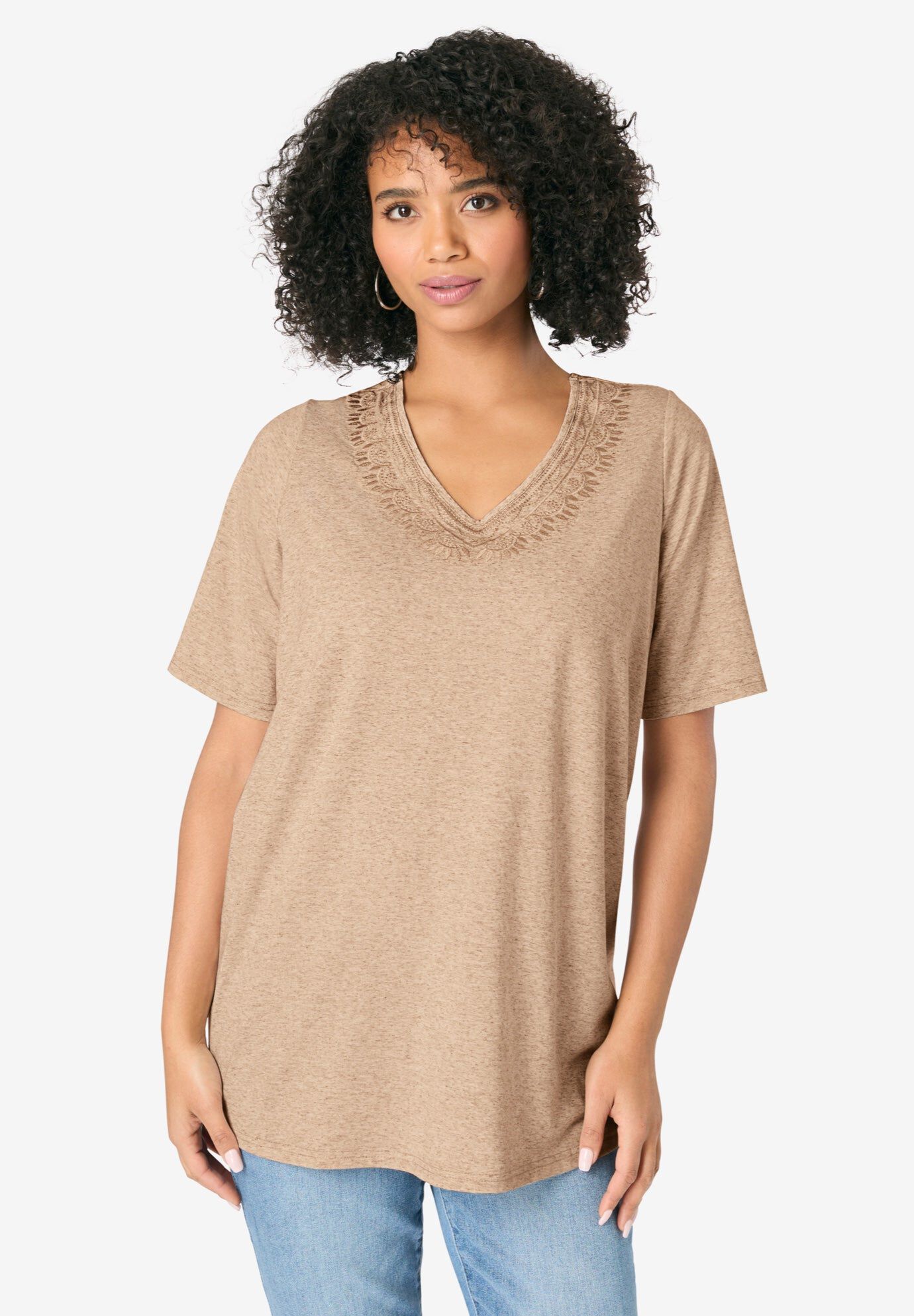 Embroidered Linen Blend Tee, NEW KHAKI, hi-res image number 0