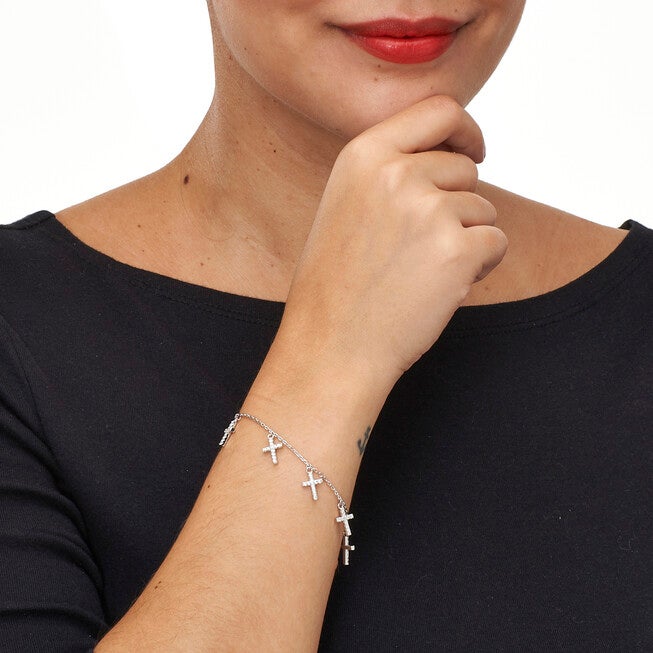 Silver Cross Charm Bangle Bracelet, WHITE, alternate image number null
