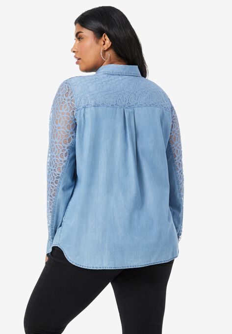Lace-Sleeve Denim Big Shirt, , on-hover image number null