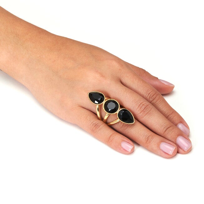 3-Stone Goldtone Onyx Cocktail Ring, BLACK, alternate image number 2
