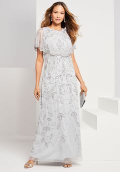 Extended Plus Size Beaded Capelet Maxi Gown – Glam Evening Dress