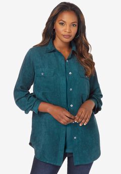 Extended Plus Size Faux Suede Button-Front Shirt