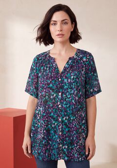 Plus Size Angelina Crinkle Crepe Y-Neck Short Sleeve Tunic