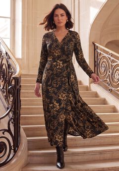 Plus Size Stretch Knit Foil Surplice Maxi Dress