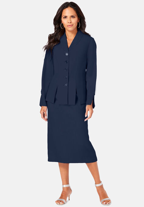 Two-Piece Skirt Suit with Shawl-Collar Jacket, NAVY, hi-res image number null