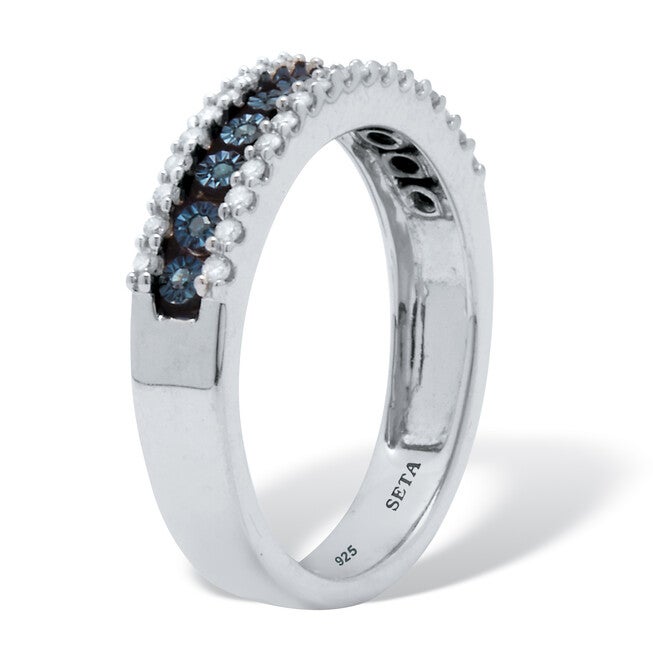 .25 TCW Blue and White Diamond Sterling Silver Three-Row Anniversary Band, WHITE, on-hover image number 1