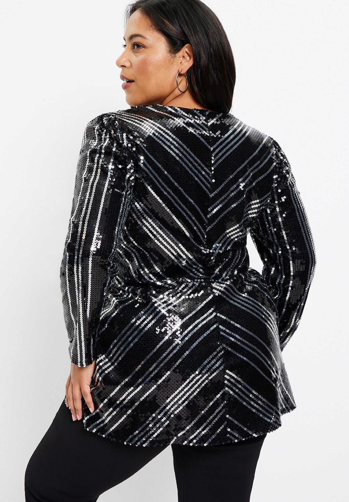 Striped Sequin Faux Wrap Top, , on-hover image number 1