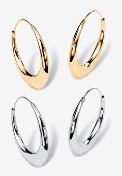 Gold-Plated And Sterling Silver Polished Puffed Hoop Earring Set 1 7/8 Inch