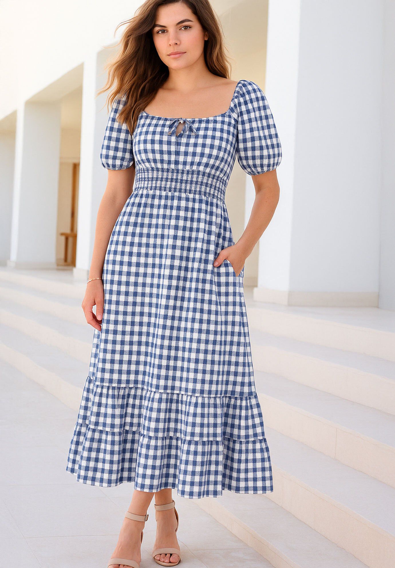 Gingham Print Midi Dress, NAVY WHITE GINGHAM, hi-res image number 0