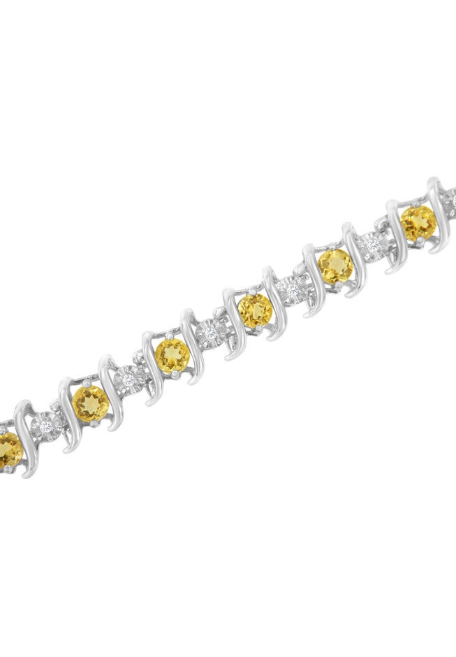 Sterling Silver Gemstone & Round Diamond Tennis Bracelet Citrine November Birthstone, , alternate image number null