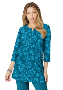 Plus Size Three-Quarter Sleeve Notch Neck Soft Knit Tunic