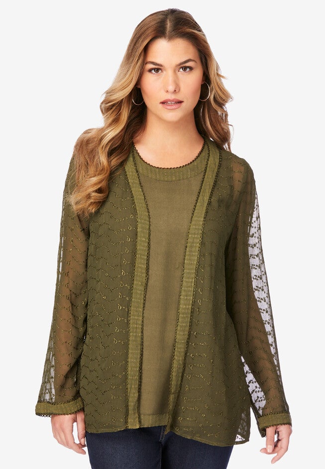 Embroidered Cardigan and Tank Set, DARK BASIL, hi-res image number 0