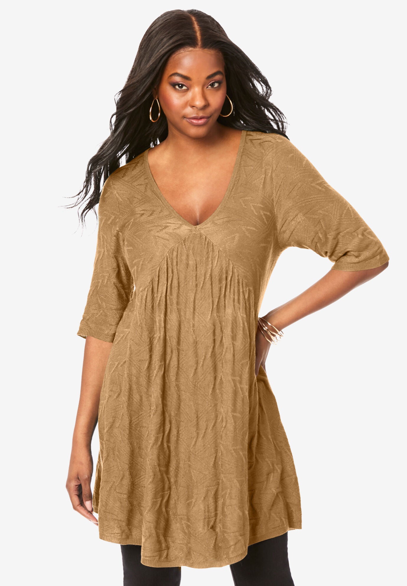 Textured Fit-And-Flare Sweater, CAMEL BIAS CHEVRON, hi-res image number 0