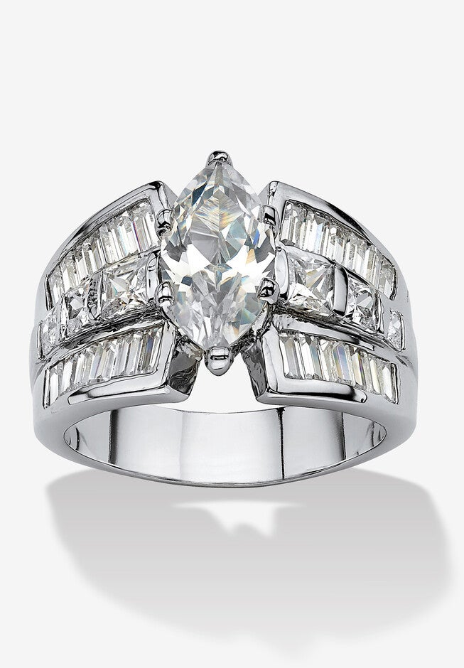 7.87 Tcw Marquise-Cut Cubic Zirconia Platinum-Plated Engagement Anniversary Ring, SILVER, hi-res image number null
