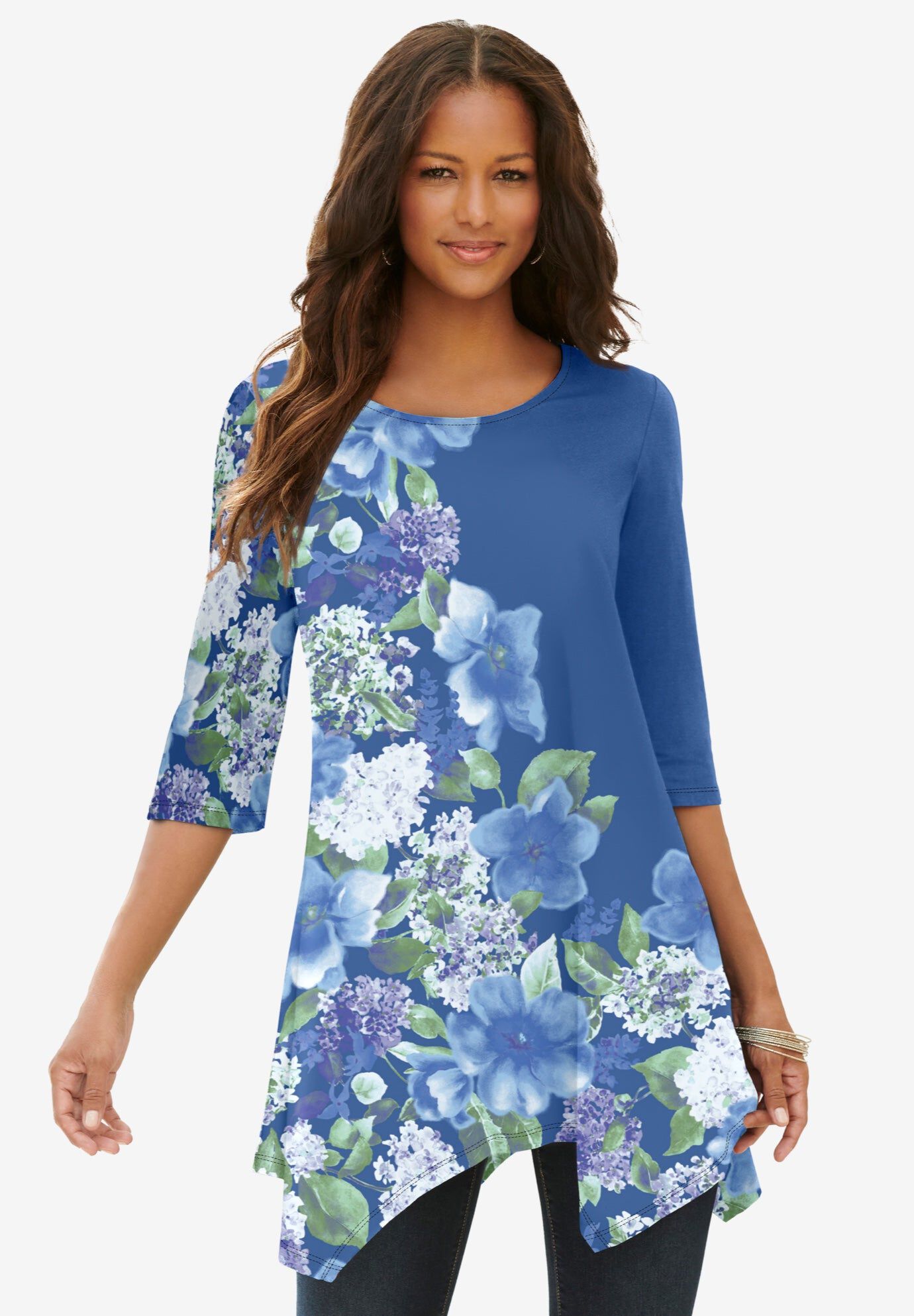 Printed Handkerchief Hem Tunic, INDIGO FLORAL GARDEN, hi-res image number 0