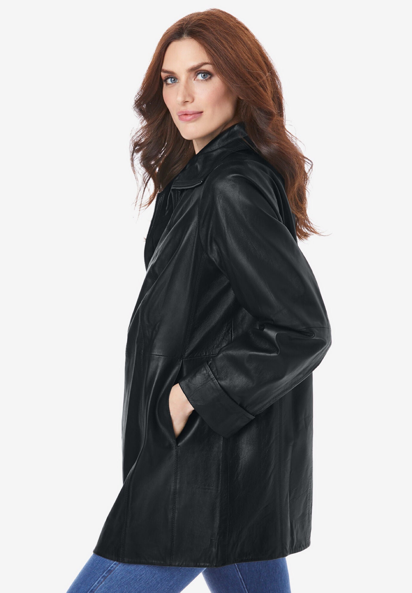 Plus Size A-Line Leather Jacket, BLACK, on-hover image number 1