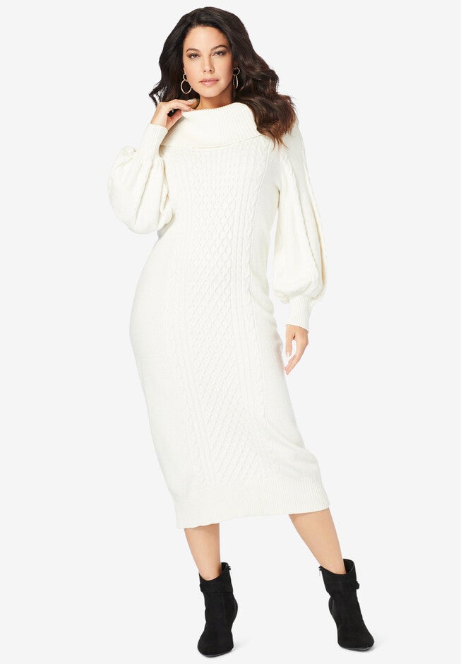 Fashionable Turtleneck Sweater Dress, Ivory Fashionable Turtleneck Sweater Dress, Ivory