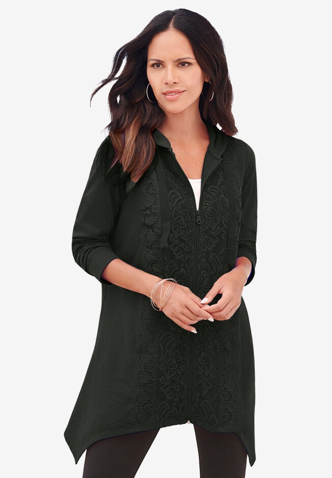 Lace French Terry Sweatshirt, BLACK, hi-res image number 0