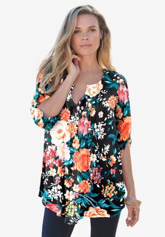 Plus Size Tara Pleated Shirt – Adjustable 3/4 Sleeve Swing Tunic with Notch Collar