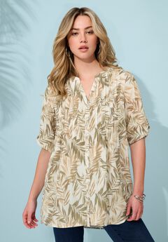 Plus Size Floral Y-Neck Pintuck Tunic – Adjustable Long Sleeve Button-Front, Relaxed Shirt Style