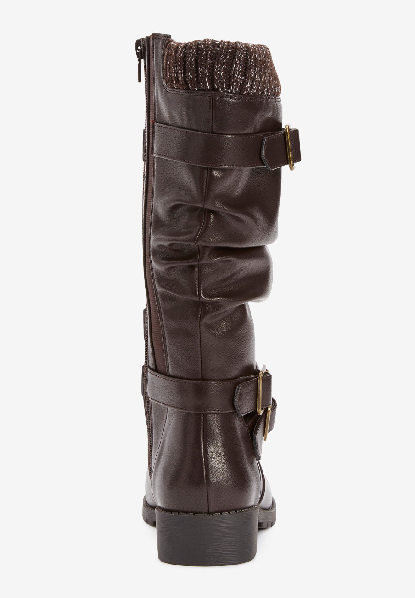 Brown MANFIELD Wider Fitting Leather Look Buckle Detail Mid Calf Boots in Black 