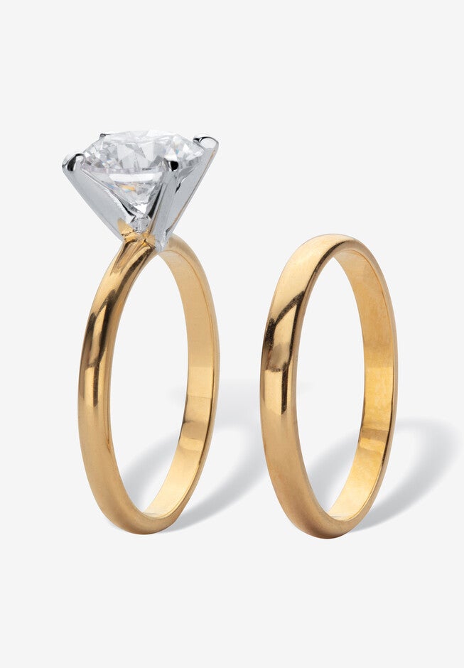 2 Cttw. Cubic Zirconia 18K Gold-Plated 2-Piece Solitaire Wedding Ring Set, , on-hover image number null