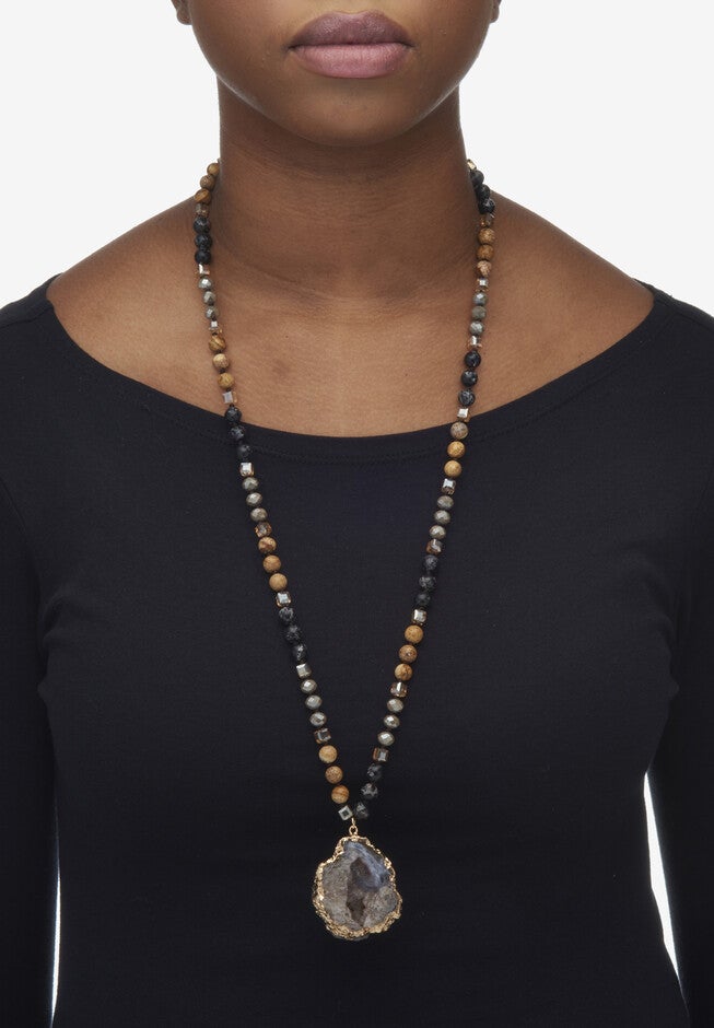 Genuine Brown Agate And Multi-Color Jasper Goldtone Drop Necklace, 32 Inches, , alternate image number null