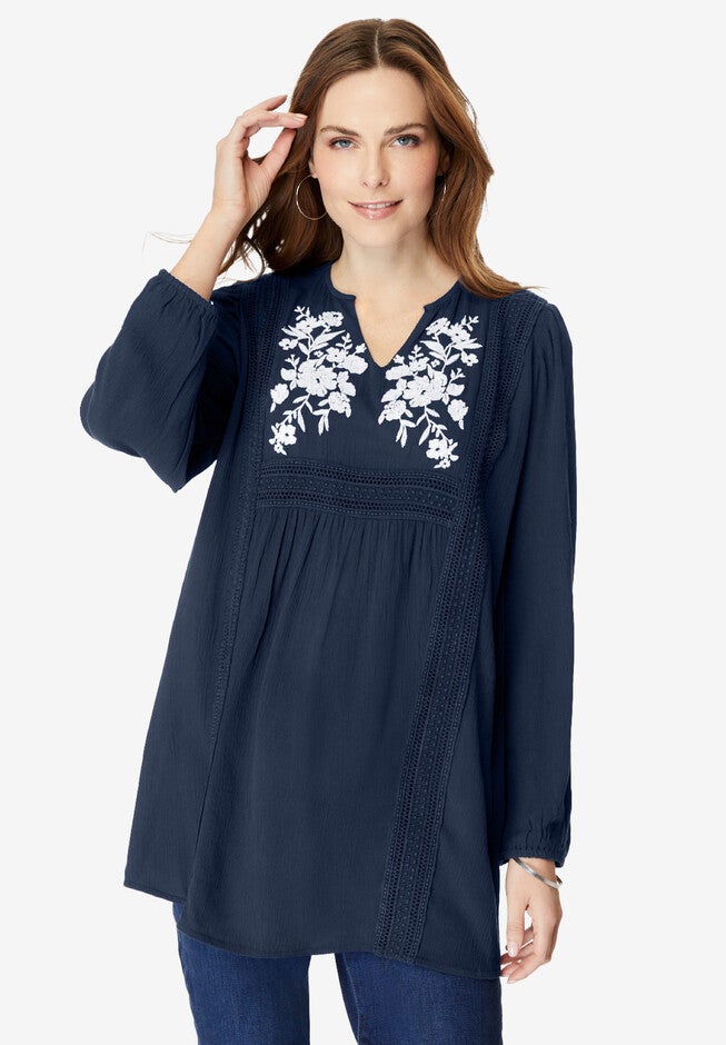 Embroidered Crinkle Top, NAVY, hi-res image number 0