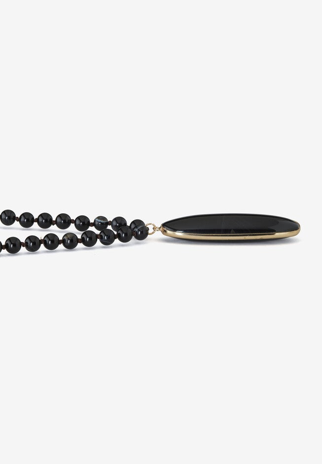 Genuine Black Agate Goldtone Bezel Set Oval Cabochon Beaded Necklace 34 Inch, , on-hover image number 1