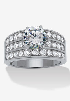 3.18 Tcw Round Cz Stainless Steel Three Row Pave Engagement Ring