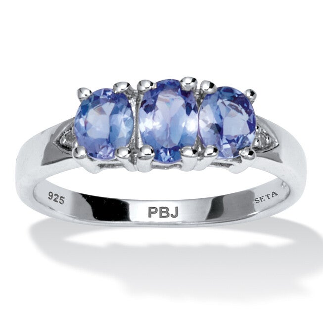 .89 TCW Genuine Purple Tanzanite and Diamond Accent Sterling Silver 3-Stone Ring, PURPLE, hi-res image number 0