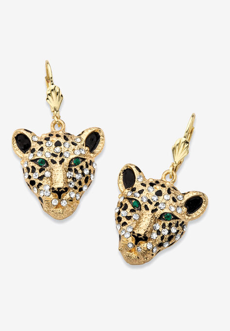 Gold Tone Leopard Face Drop Earrings, GOLD, hi-res image number null