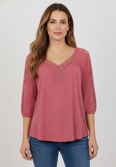 Plus Size Lace Pointelle V-Neck Blouson Sleeve Tunic