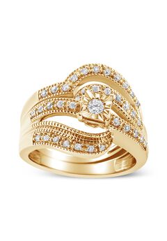 Yellow Gold Plated Silver 1/3 Cttw Round Diamond Crisscross Engagement Ring Bridal Set