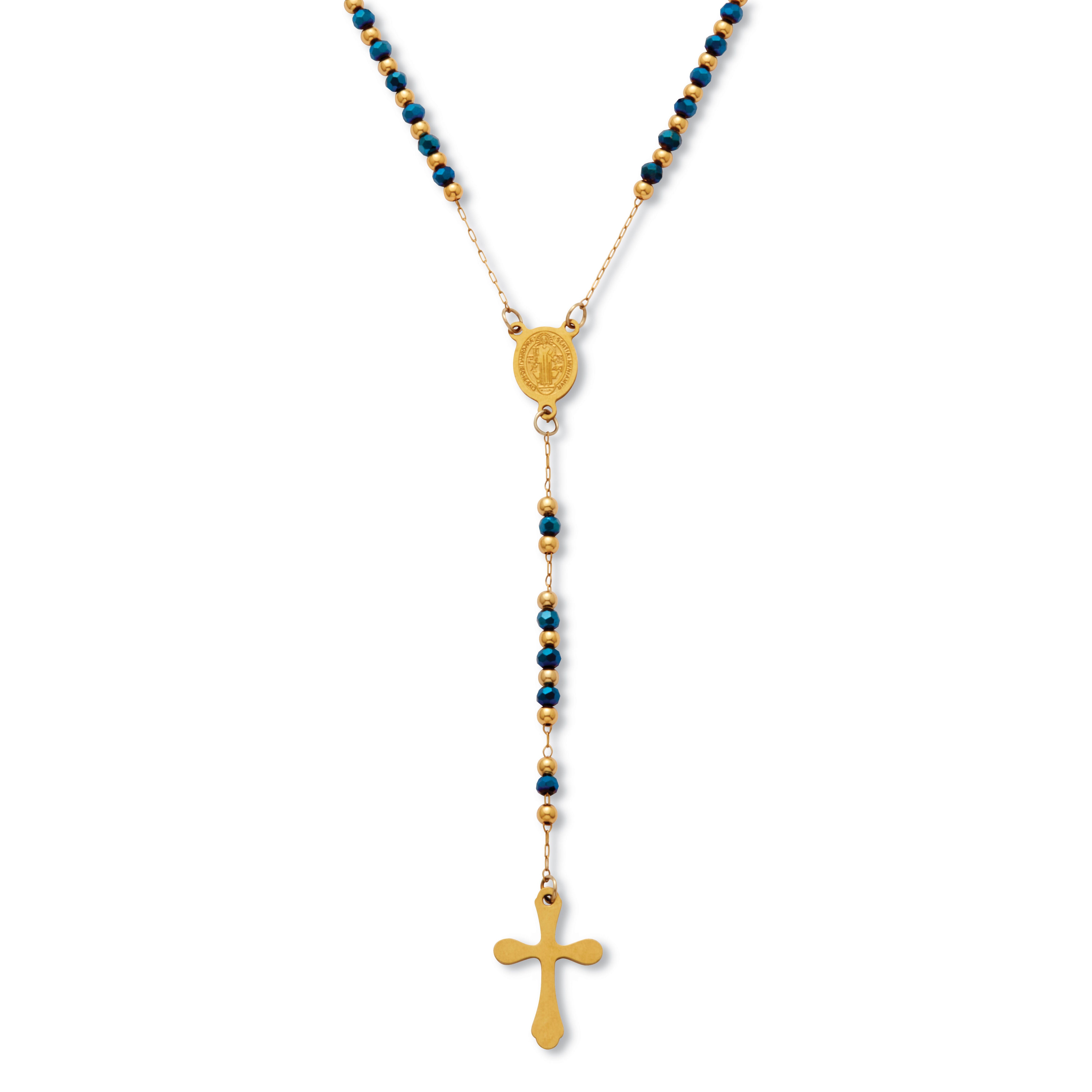 Yellow Gold Ion-Plated Stainless Steel Crystal Beaded Rosary Necklace 21-inch, BLUE, alternate image number 3