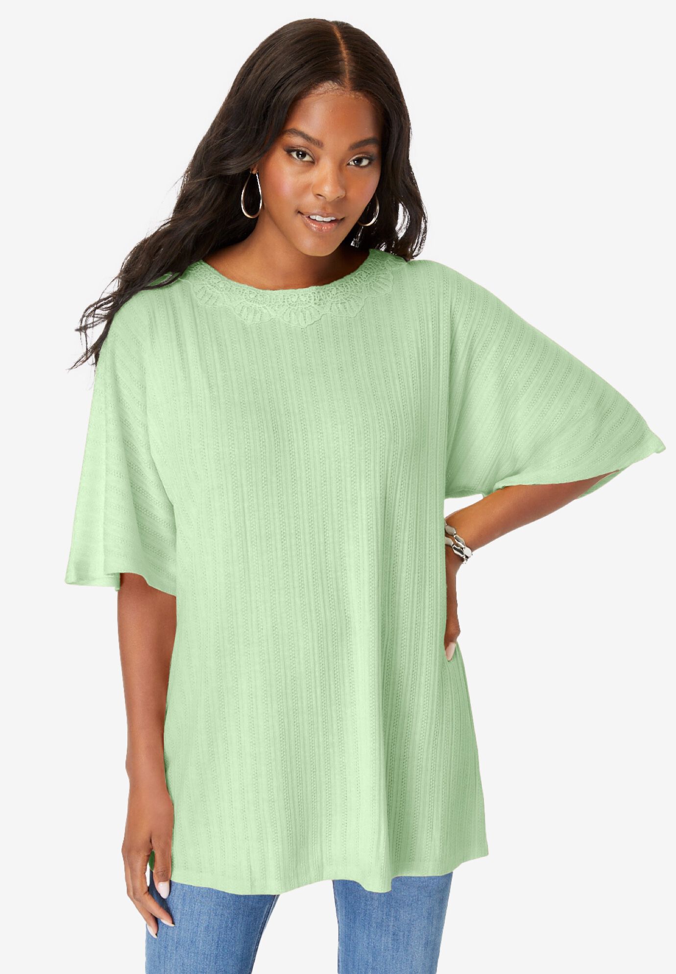 Lace Back Pointelle Tunic, GREEN MINT, hi-res image number 0