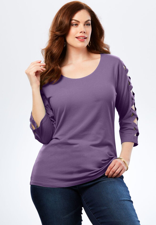 Lattice Three-Quarter Sleeve Tee, VIOLET HAZE, hi-res image number null