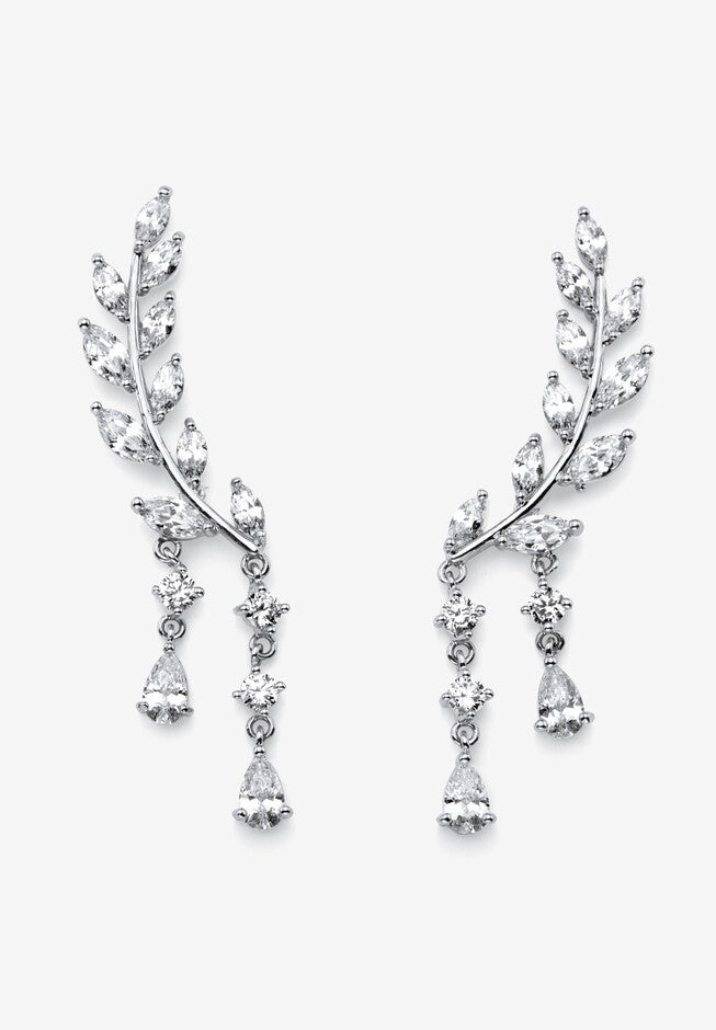 Silvertone Marquise Cut Ear Climber Drop Earrings Cubic Zirconia, SILVER, hi-res image number null