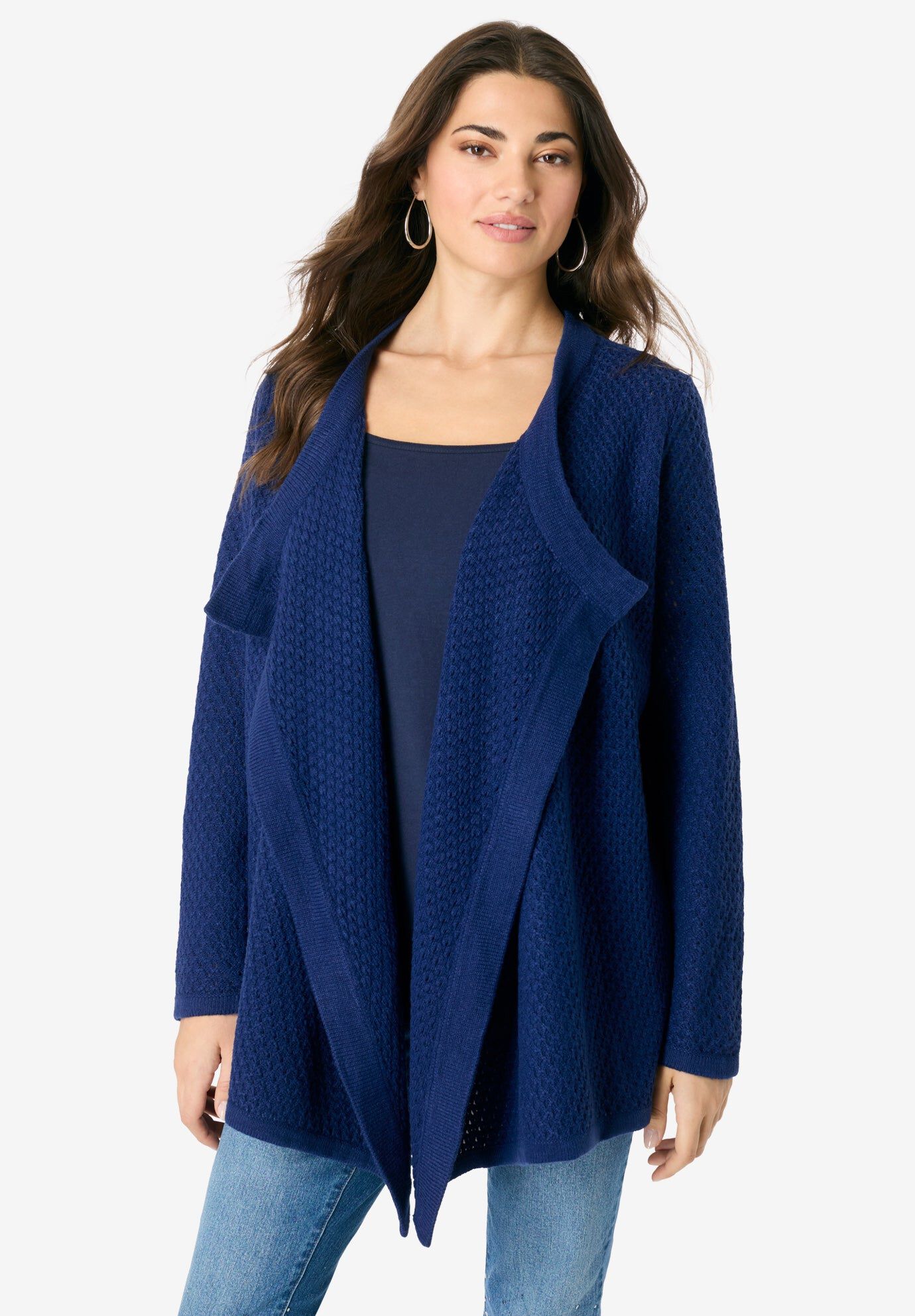 Handkerchief Hem Pointelle Cardigan Sweater, EVENING BLUE, hi-res image number 0