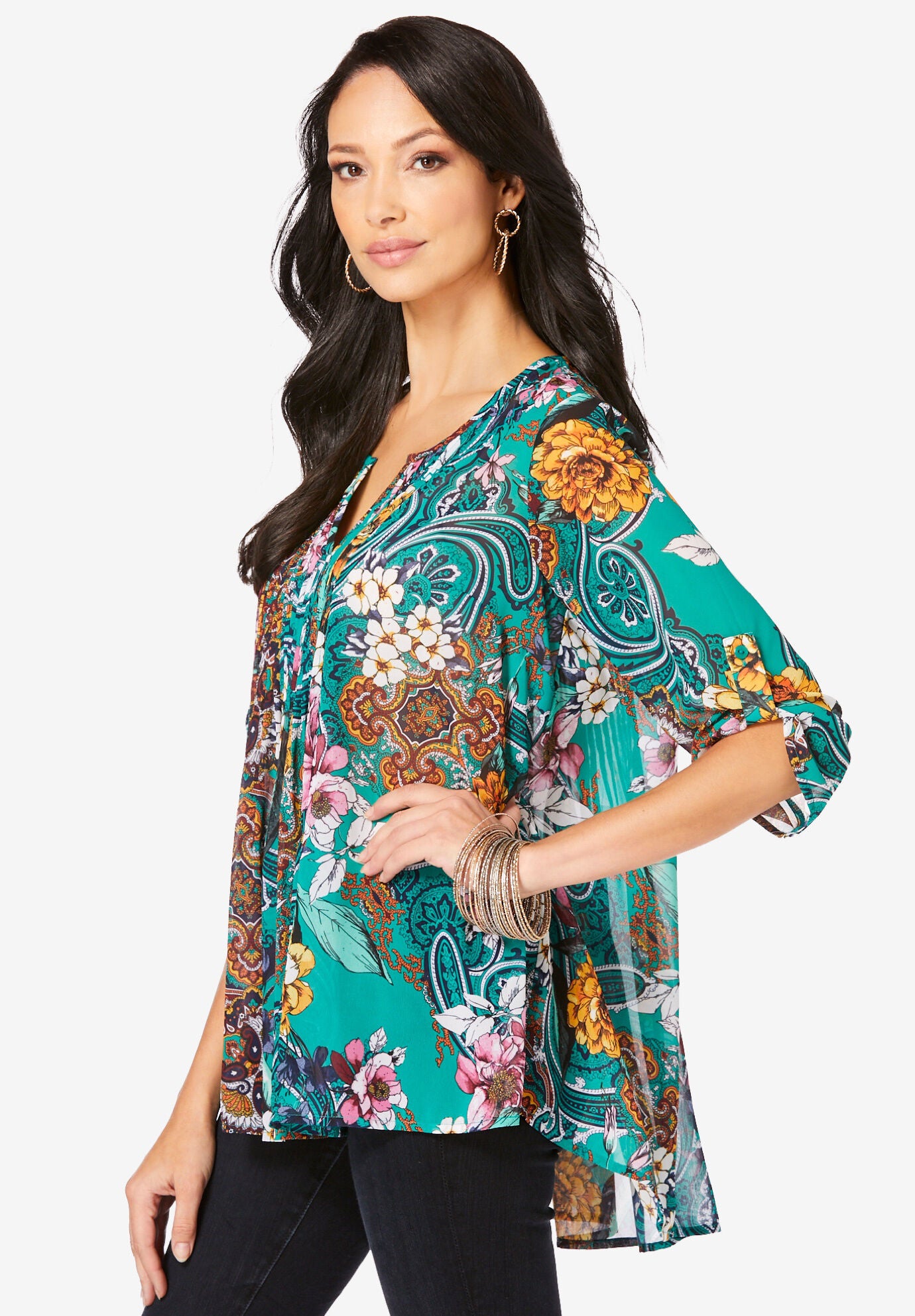 Extended Plus Size Tara Pleated Shirt &ndash; Adjustable 3/4 Sleeve Swing Tunic with Notch Collar, EMERALD PAISLEY GARDEN, alternate image number 2
