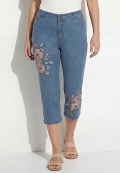 Plus Size Classic Stretch High-Rise Embroidered Capri Jean