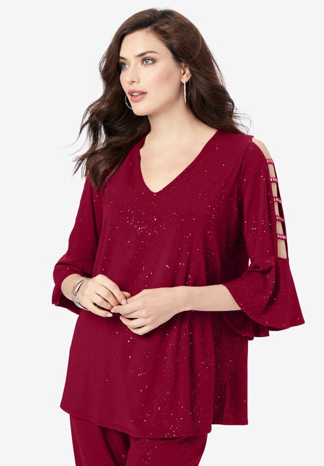 Embellished Lattice-Sleeve Ultrasmooth® Fabric Top, RICH BURGUNDY SPARKLE, hi-res image number null