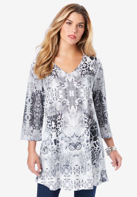 V-Neck Printed Tunic, BLACK ANIMAL MEDALLION, hi-res image number null