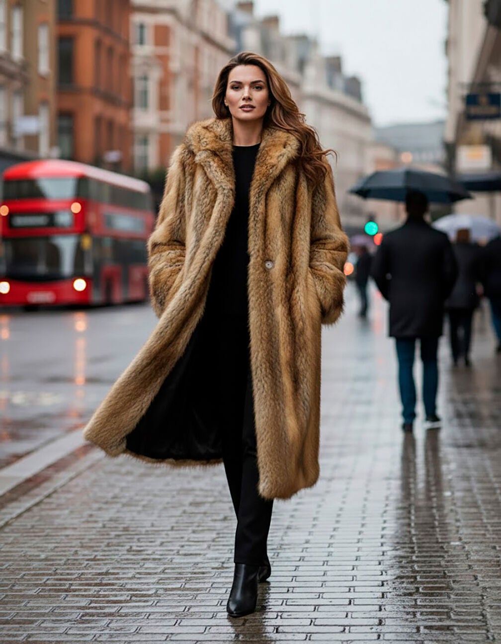 Fashionable Hooded Faux Fur Trim Coat, Rich Brown | Roaman's