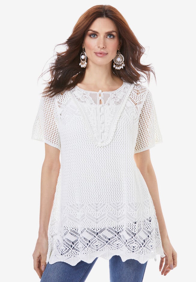 Short-Sleeve Lace Yoke Pullover, WHITE, hi-res image number null