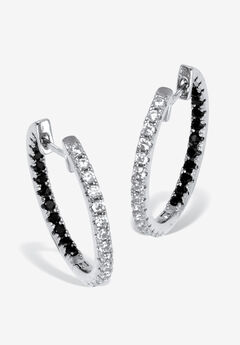 Round Black And White Crystal Silvertone Hoop Earrings, 26Mm