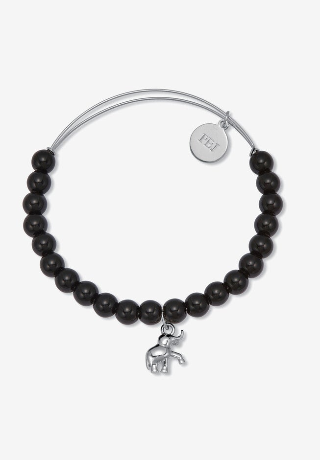 Natural Black Onyx Silvertone Elephant Charm Bangle, 7.5 Inches, , on-hover image number 1