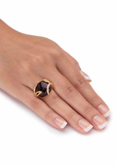 Yellow Gold-Plated Genuine Onyx and Cubic Zirconia Cabochon Ring, , alternate image number null
